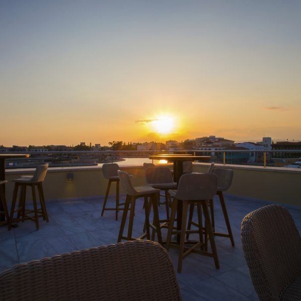 View of the sunset from a rooftop bar
