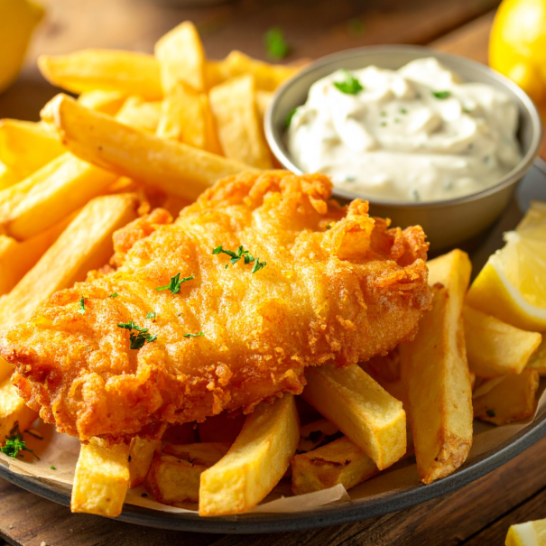 Das typische Gericht "Fish & Chips"