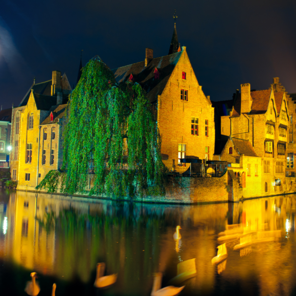 Blick auf den Rozenhoedkaai in Brügge bei Nacht