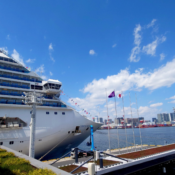 Ein Kreuzfahrtschiff, das im Hafen von Tokio liegt
